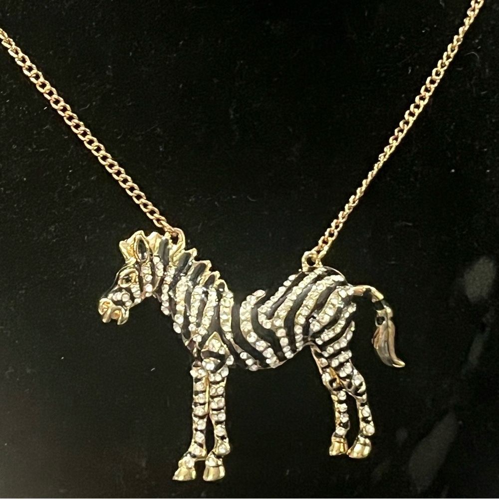 ZEBRA Pave Set Crystal Black enamel statement Pendant Chain Link Necklace Gold